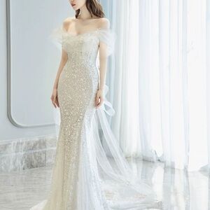 Off-Shoulder Sequin Wedding Gown